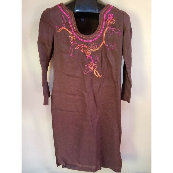 Tori Richard Honolulu Women Linen Embroidered Midi Dress Size 2 Brown Casual - Picture 1 of 8